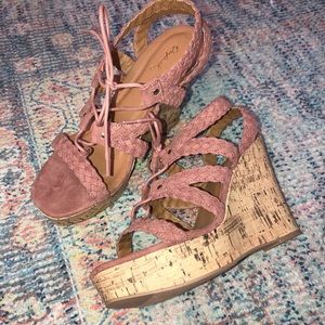 Mauve lace up cork wedges